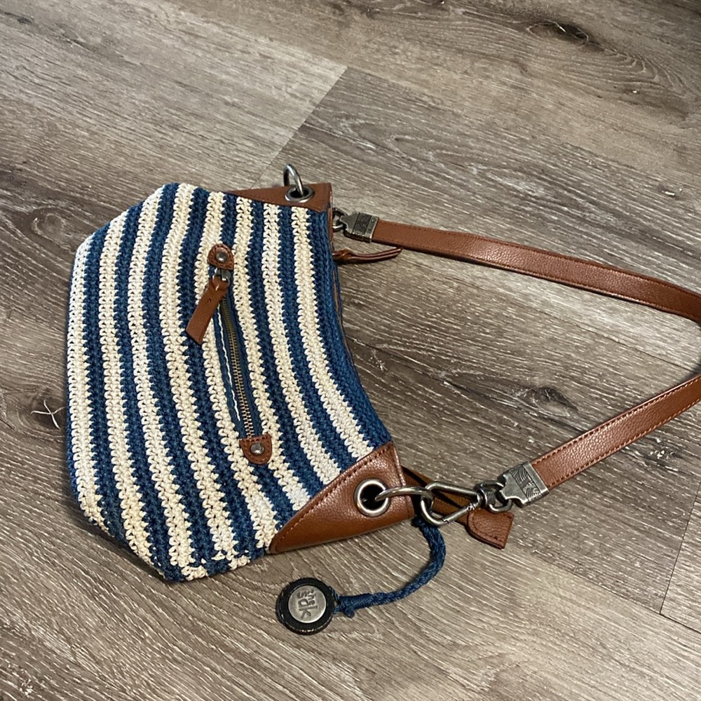 The Sak Indio Purse Crochet Leather Strap Hobo Shoulder Bag Cream & Blue - Picture 2 of 4